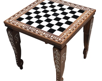 14" Wooden Chess Board Table - Library Series - Solid Sheesham & Acrylic Ivory