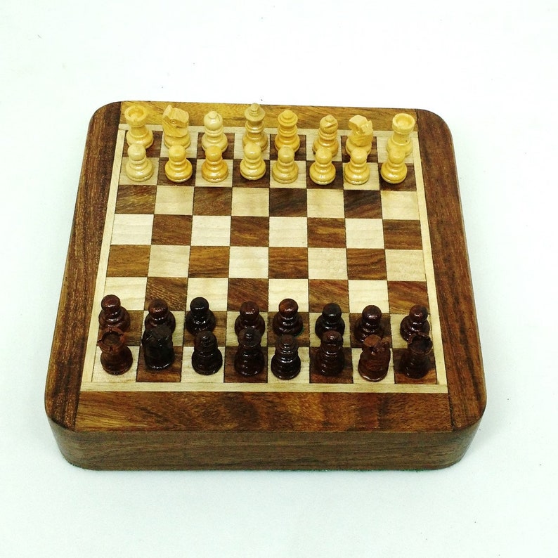 Travel Chess Set with Drawer in Golden Rosewood with Magnetic Chess Pieces & Board image 6