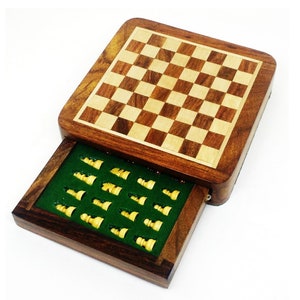 Travel Chess Set with Drawer in Golden Rosewood with Magnetic Chess Pieces & Board 5 inches