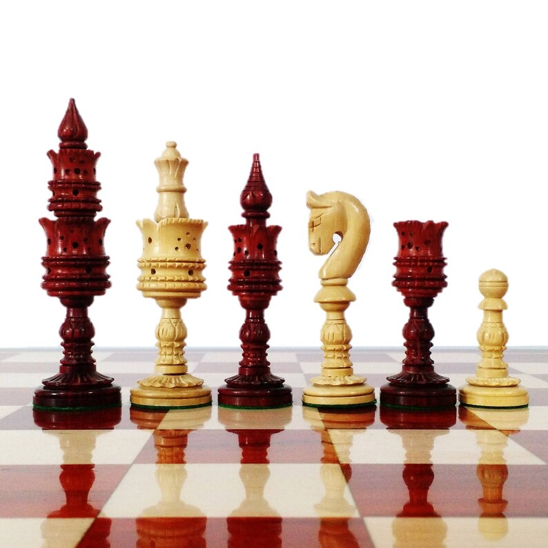 Hand Carved Lotus Series Chess Pieces set in Weighted Bud Rose Wood King Height 4.7 inches