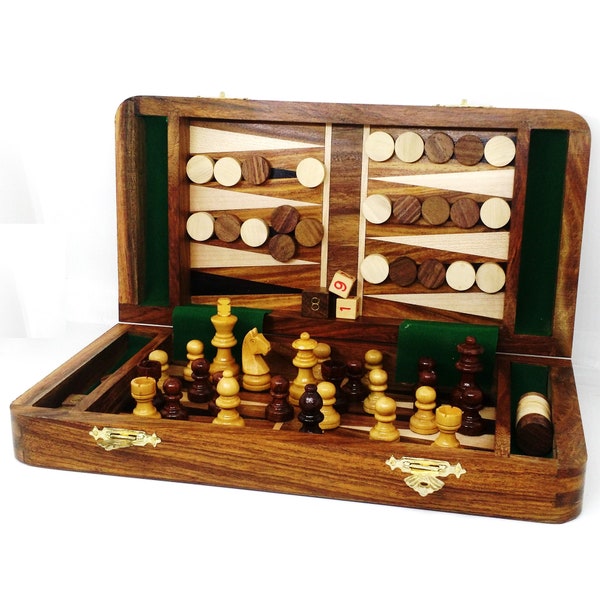 Travel chess & Backgammon Combo Set  with  Magnetic Chess Pieces and Backgammon Pieces in Golden Rosewood