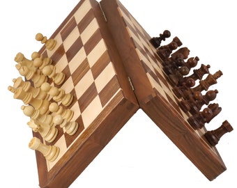 Travel Chess Set Includes Wooden Magnetic Chess Pieces  &  Folding Board in  Golden Rosewood