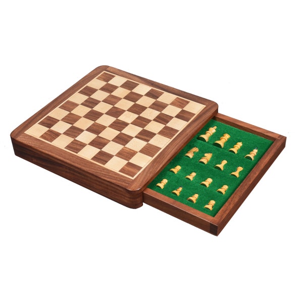 Travel Chess Set with Drawer in Golden Rosewood with Magnetic Chess Pieces & Board