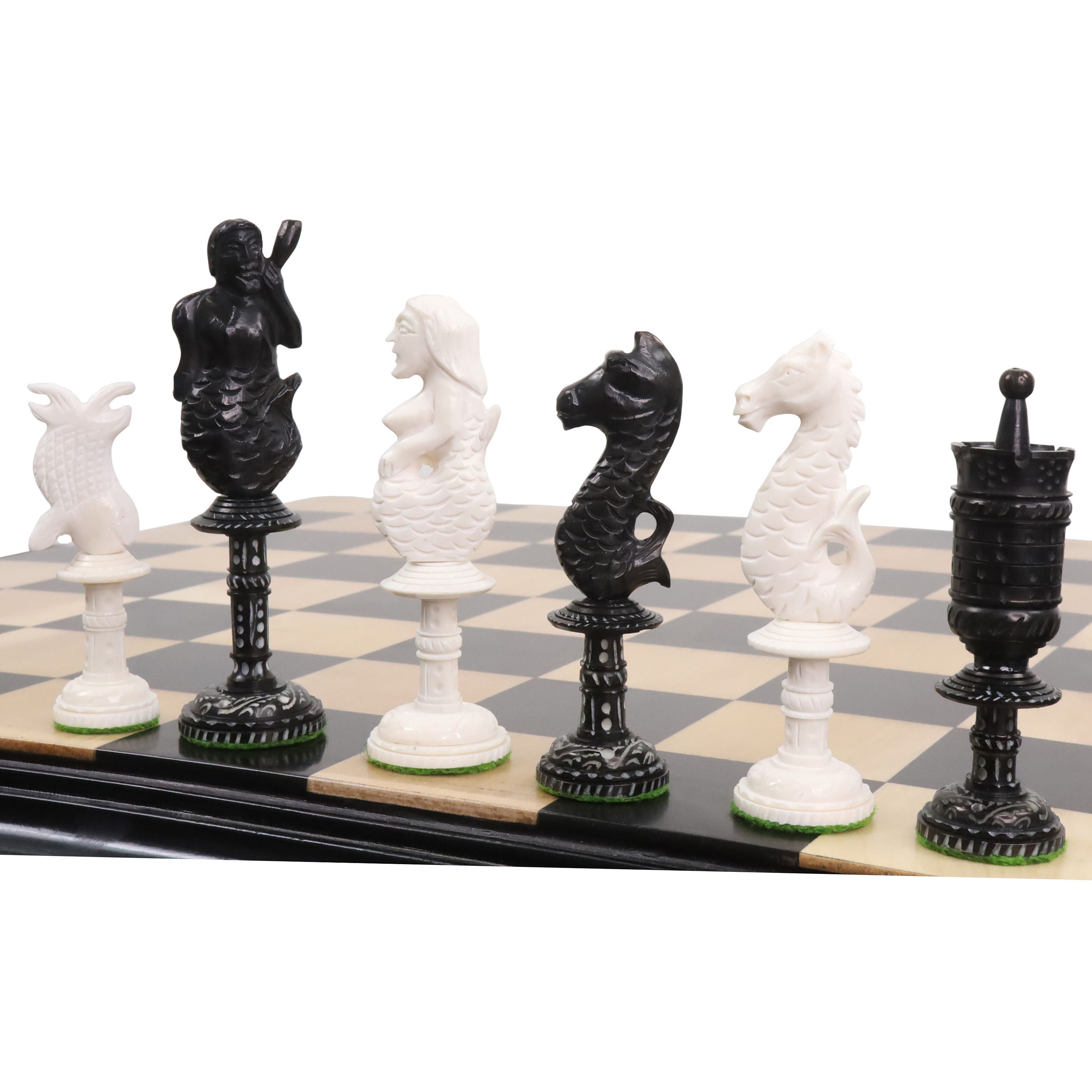 4.1″ New English Hand Carved Camel Bone Chess Pieces Set-Black