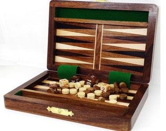 Backgammon Set Includes Game Pieces & Folding Board - 6" Wooden Travel Set