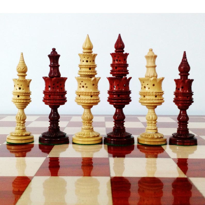Hand Carved Lotus Series Chess Pieces set in Weighted Bud Rose Wood King Height 4.7 inches