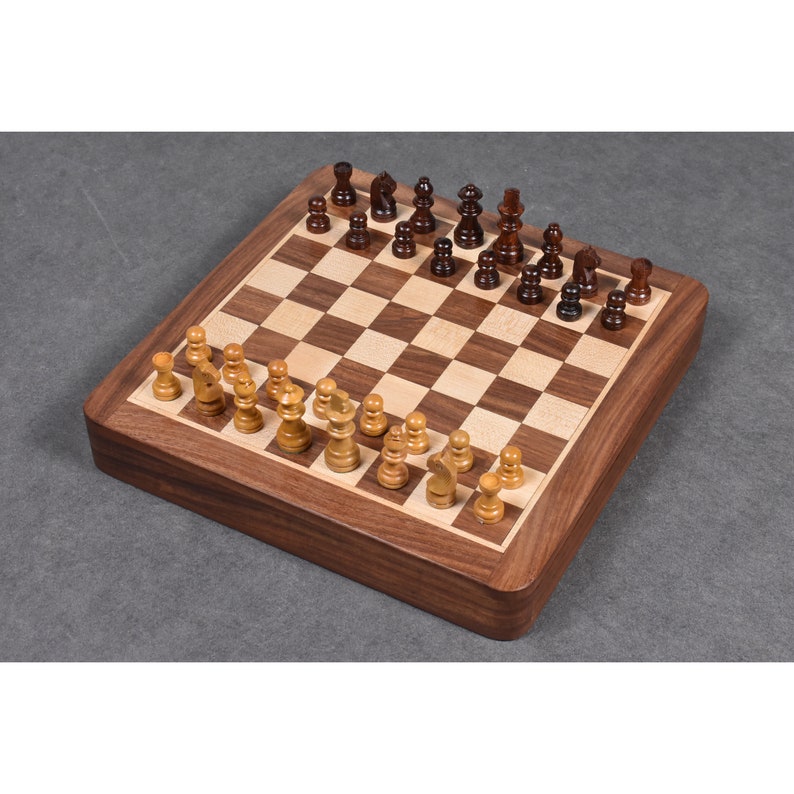 Travel Chess Set with Drawer in Golden Rosewood with Magnetic Chess Pieces & Board image 7