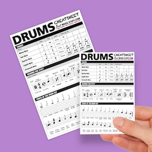 May include: Two black and white printable drum cheat sheets with the title "Drums Cheat Sheet" and the text "Best Music Stuff.com" on each sheet. The cheat sheets include information on music theory, reading the staff, and parts of the drum set.