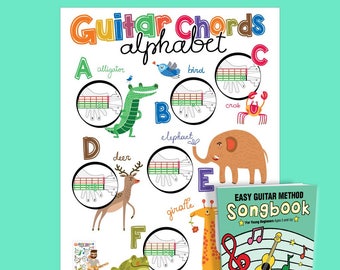 Guitar Chords Alphabet Kids Poster 18"x24" + Easy Guitar Method Songbook // Gift for Beginner Guitar Players Ages 5 and Up