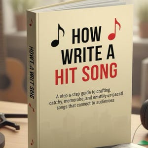 Könnte beinhalten: Ein Buch mit dem Titel "HOW WRITE A HIT SONG" mit Noten auf dem Cover, neben einem Mikrofon und Kopfhörern. Der Untertitel des Buches lautet: "A step-a-step guide to crafting catchy, memorable, and emitfilyuppacct! songs that connect to audiences."