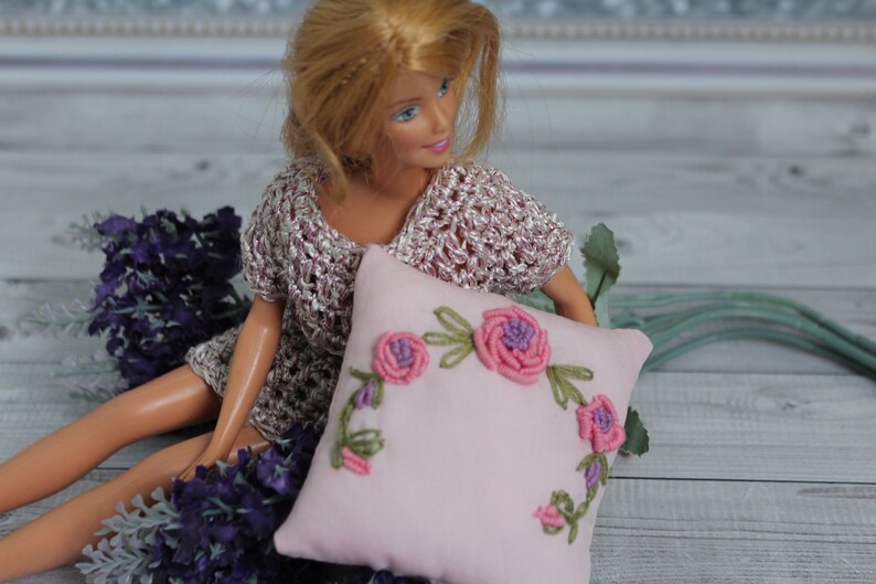 Scale 1: 6. Embroidered doll cushion 12 inches tall. Handmade image 0