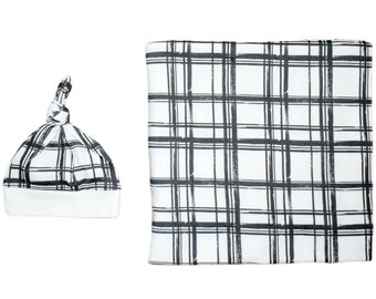 Handmade 100% Organic Cotton Stretchy Knit Newborn Swaddle & Hat Set | Black and White Painted Plaid | Gender Neutral | Birth Announcement