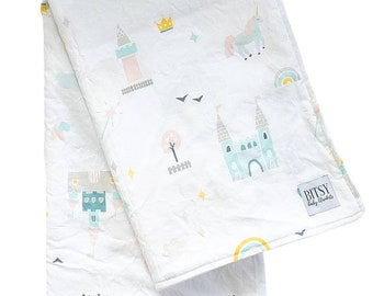 Handmade Baby/Toddler Blanket | Whimsical Fairy Tale Castle Princess Hearts Pastel | Baby Girl Nursery | Modern Unique Nursery