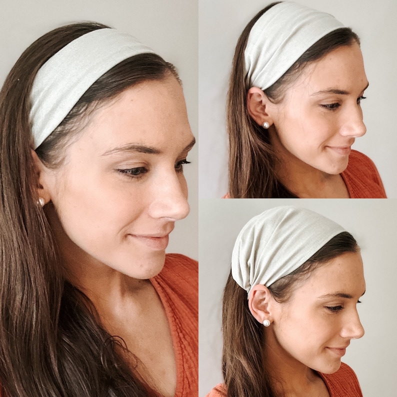 May include: A close-up of three women wearing a light gray headband. The headband is made of a soft, stretchy fabric and is designed to be worn comfortably around the head.