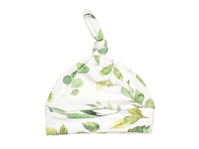 Baby Girl Newborn-3 Months Handmade Bamboo Stretchy Knit Baby Hat Top Knot Watercolor Eucalyptus Greenery Botanical Floral Plants