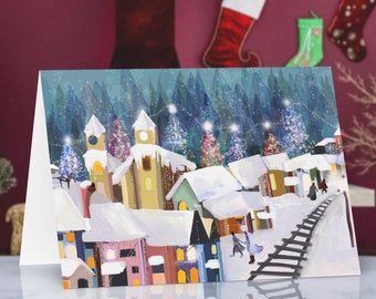 Christmas village greeting card. Winter Wonderland. Illustrated Xmas card