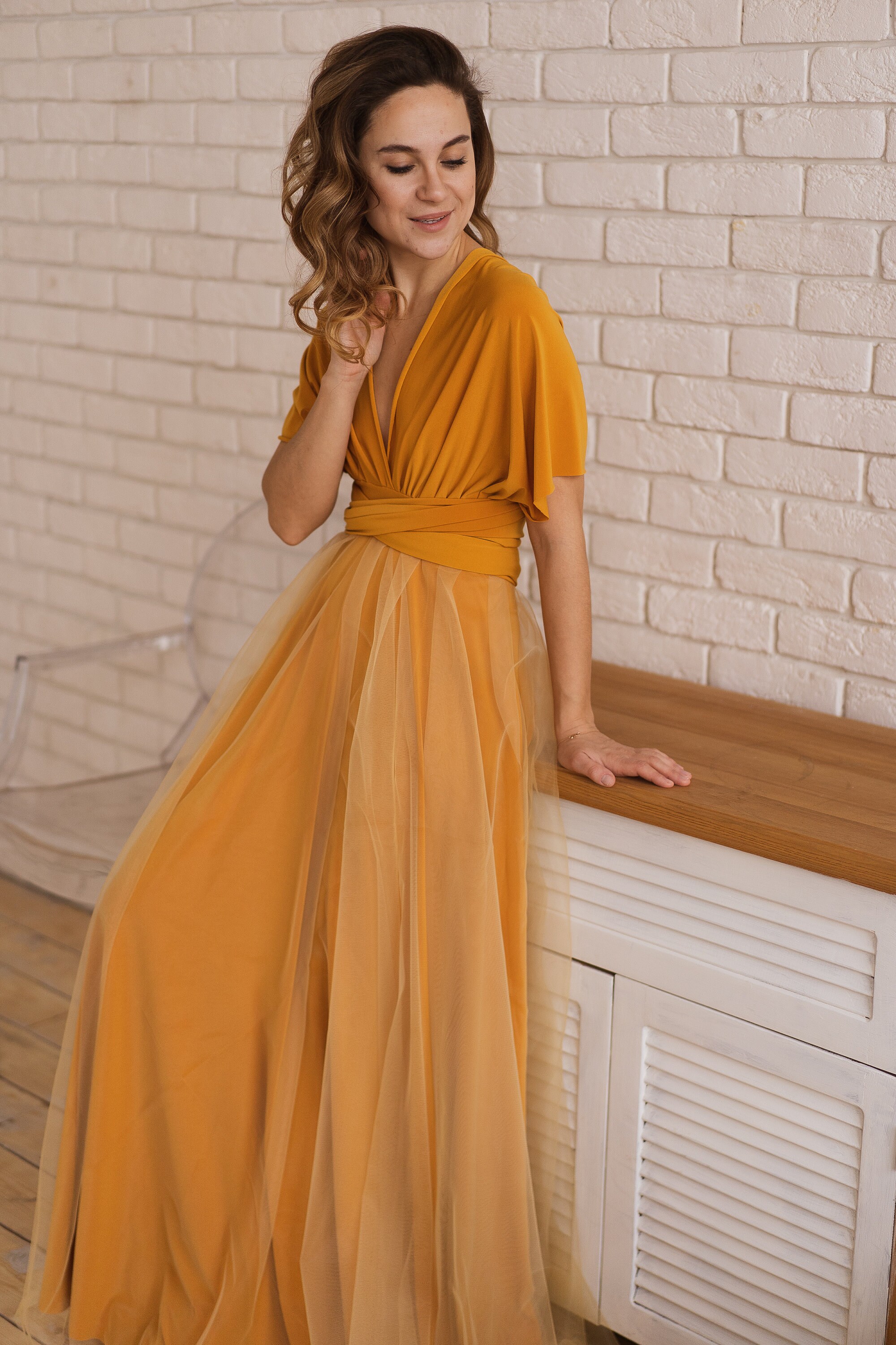 mustard color evening gown