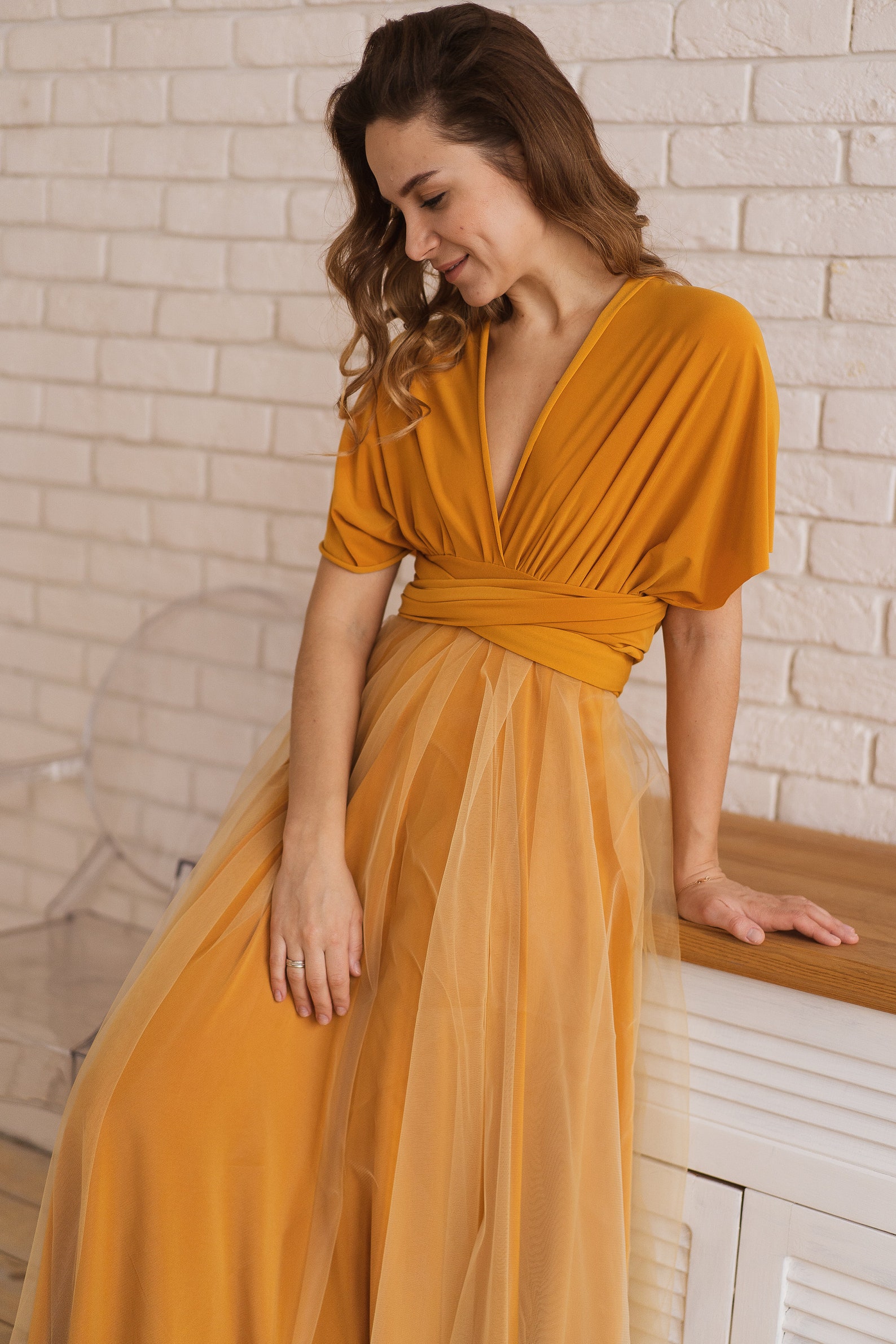 mustard color evening gown