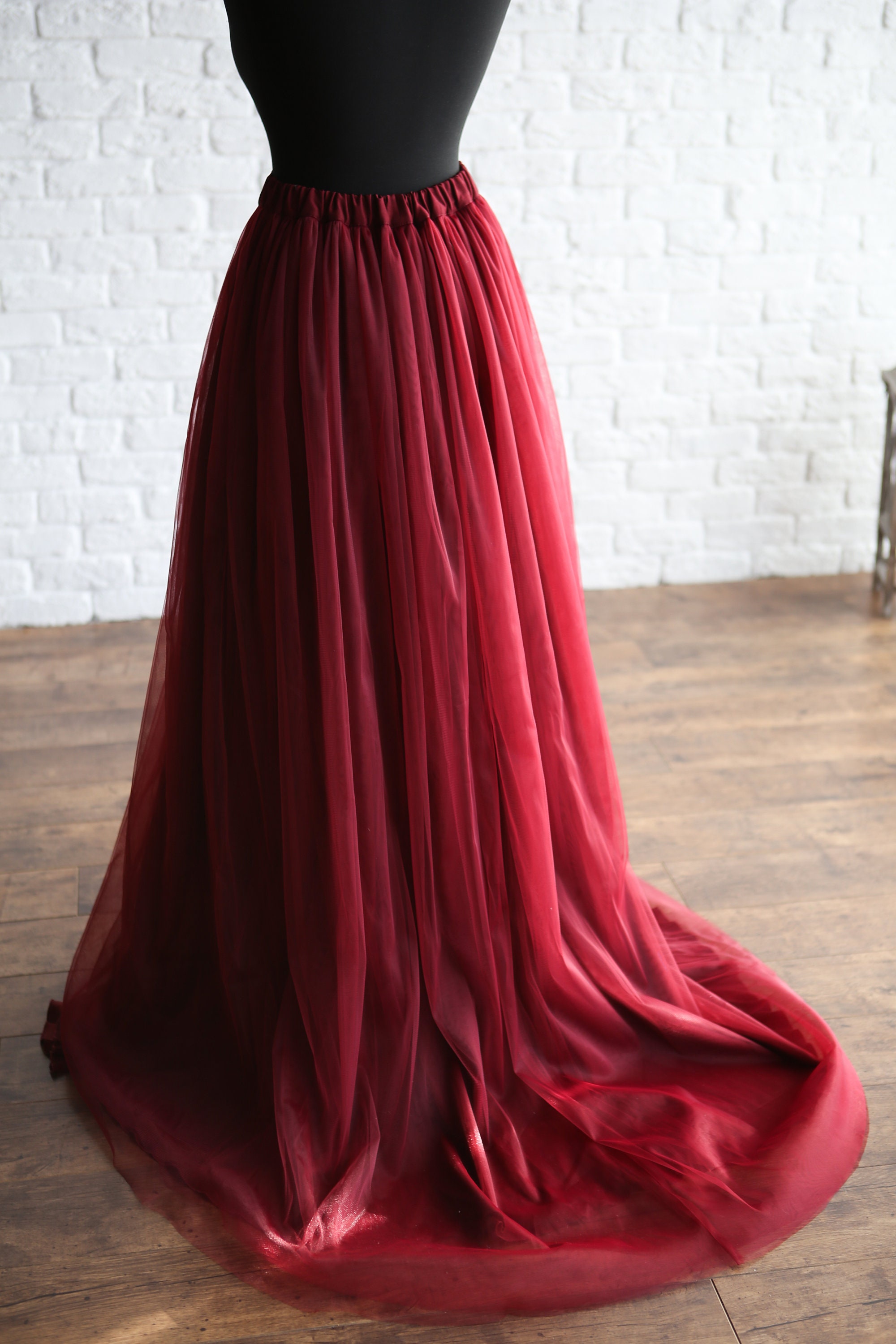 Wine red Long Tulle Skirt with a train tulle skirt women Etsy