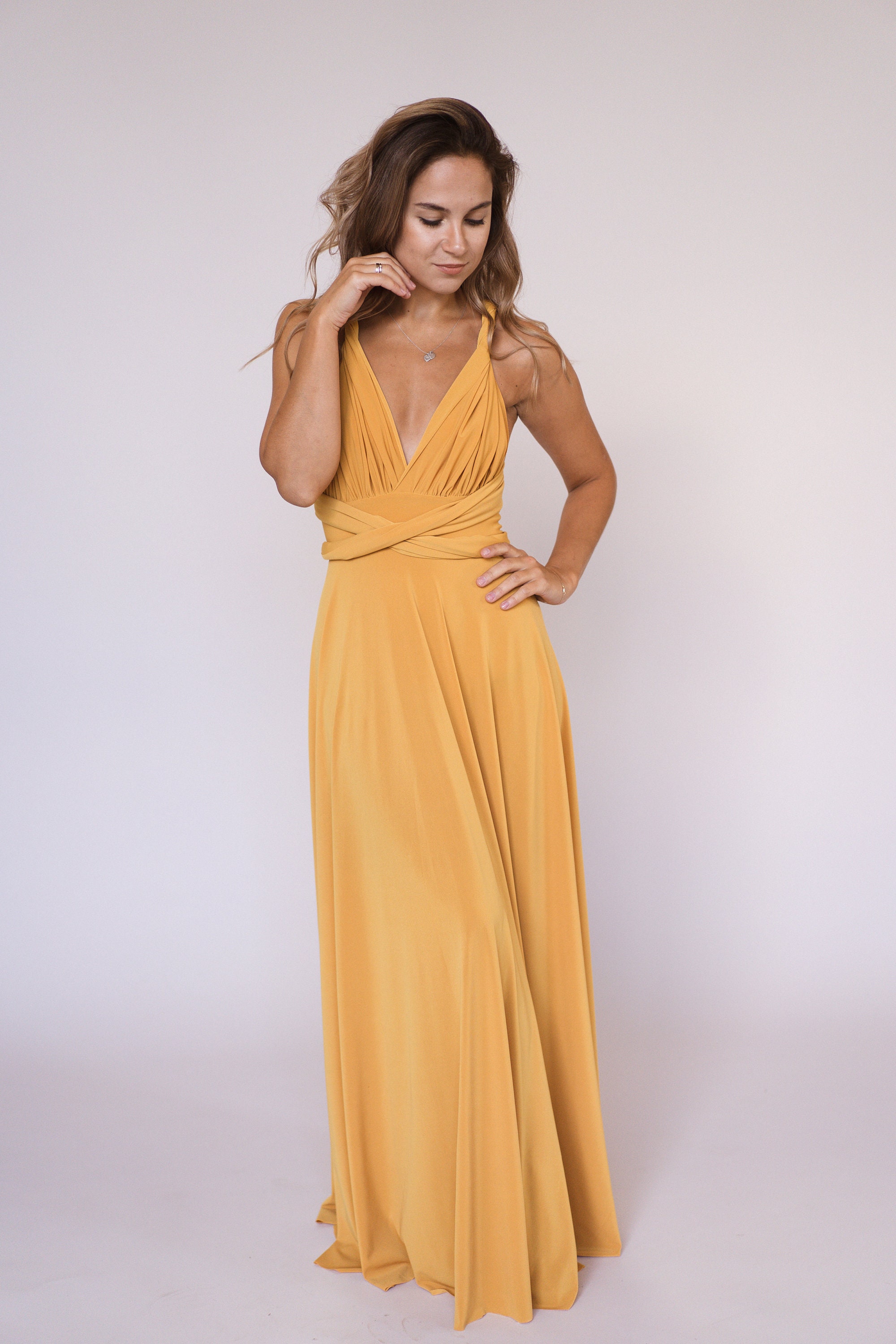 mustard color evening gown