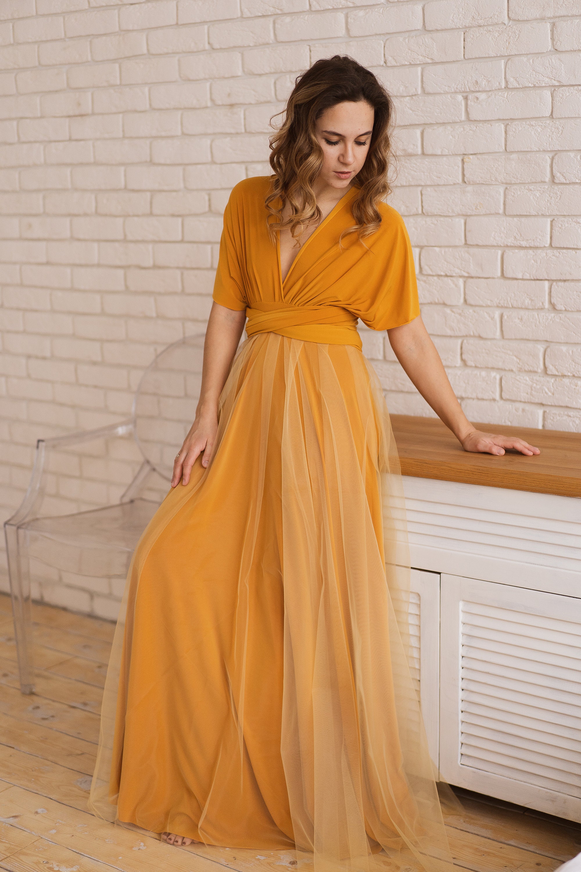 mustard color evening gown