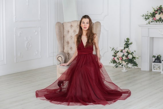 burgundy tulle bridesmaid dress