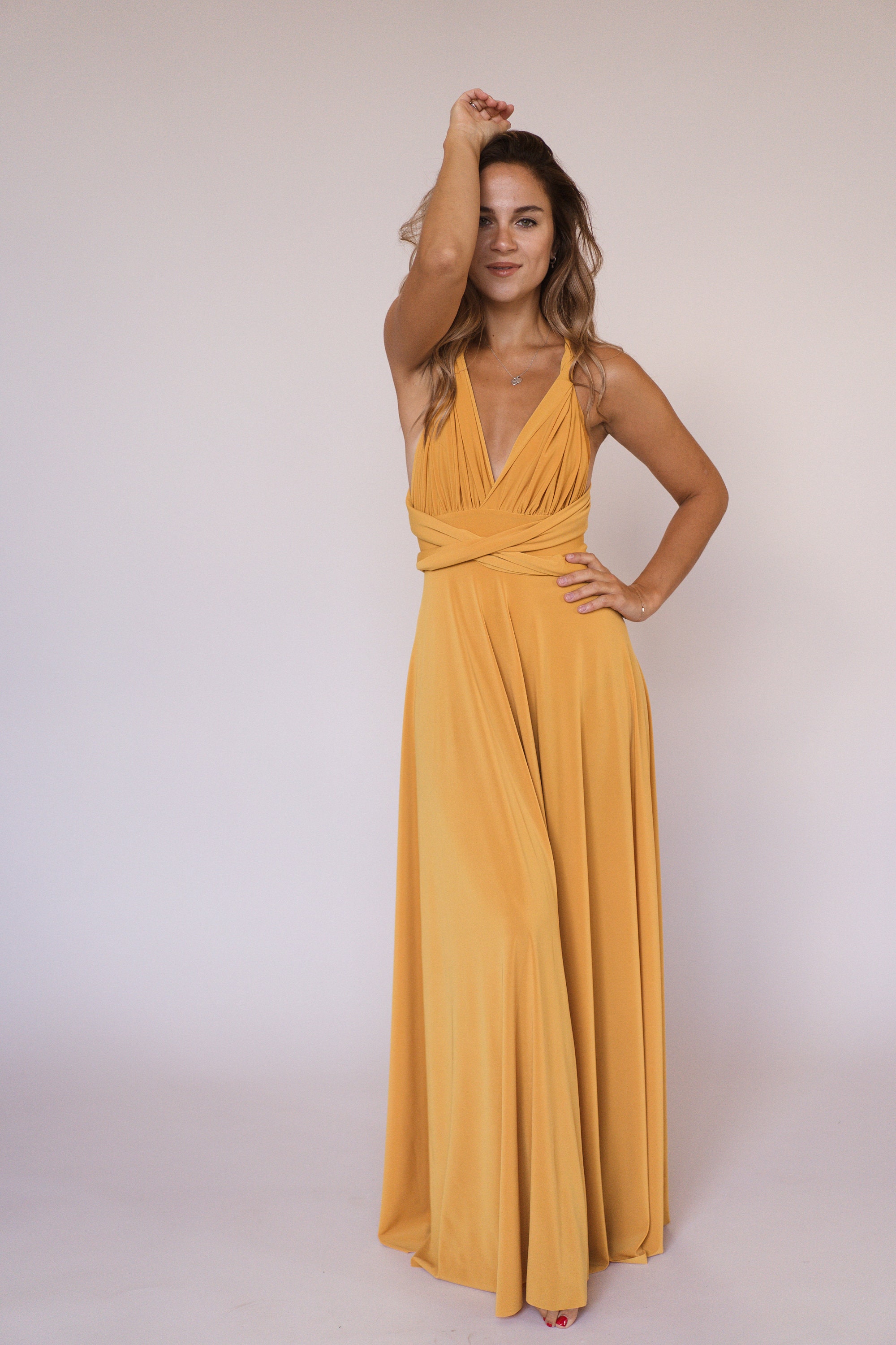 mustard color evening gown