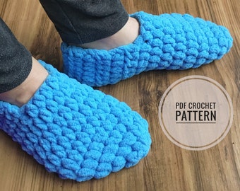 May include: A pair of blue crocheted slippers. PDF crochet pattern.