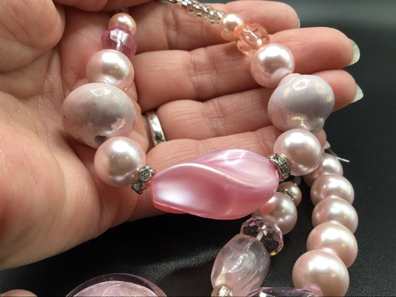Vintage Dichroic Pink Satin Glass & Faux Pearl Be… - image 4