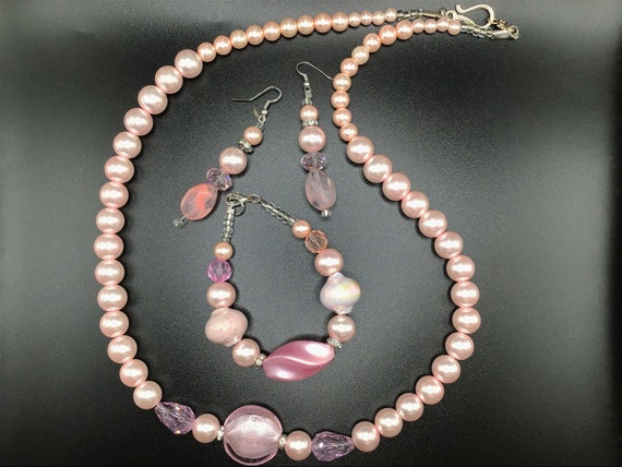 Vintage Dichroic Pink Satin Glass & Faux Pearl Be… - image 1