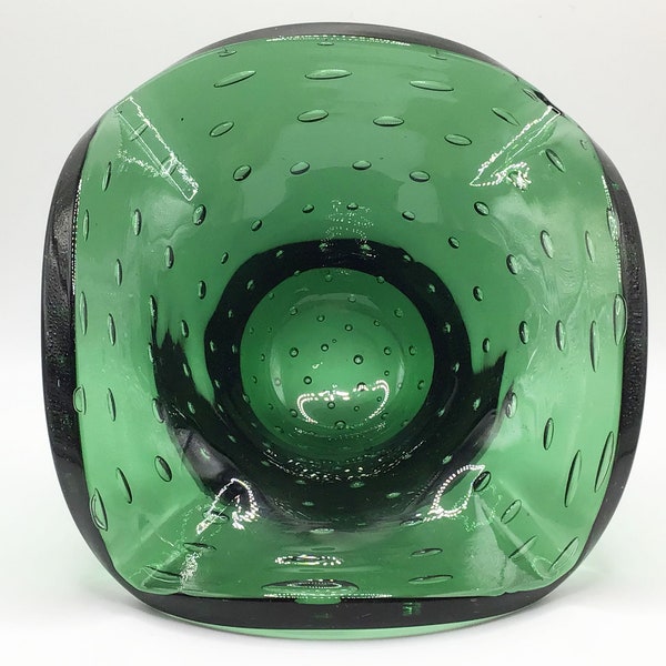 Vintage Art Glass Emerald Green Controlled Bubble Bowl Ashtray