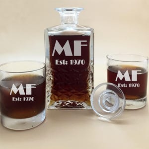 Whiskey decanter set. Custom whiskey glass. Dad present.