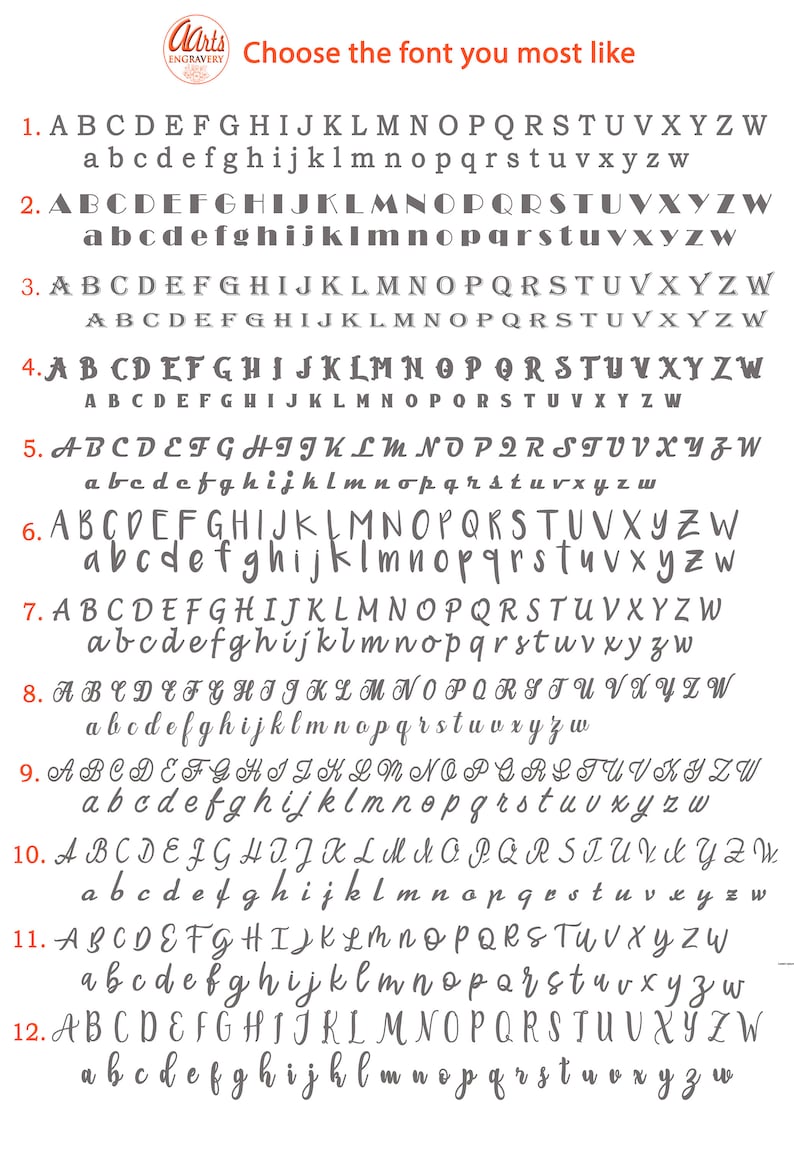 May include: A graphic showing 12 different fonts, labeled 1 through 12, with both uppercase and lowercase letters. The fonts range from classic to modern, with some having a handwritten style.