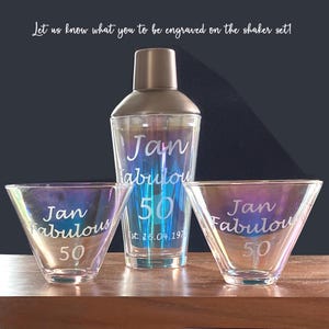 Cocktail Shaker Kundenspezifischer Laser graviert und Gläser. Geschenk für sie