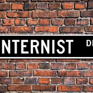 May include: Black and white street sign with the text "INTERNIST DR."