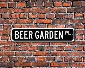 Straatnaambord biertuin – kunst aan de muur pub, metalen bord brouwerijbar, decor achtertuin bar, cadeau bierliefhebber