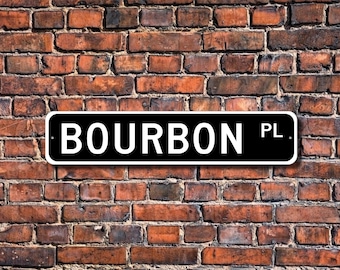 Plaque de rue Bourbon - Plaque métallique de bar à whisky, oeuvre d'art murale homme des cavernes, cadeau pour amateur de bourbon