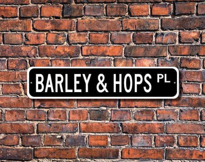 Barley & Hops Street Sign – Craft Beer Wall Art, Brewery Bar Metal Sign, Home Bar Decor, Beer Lover Gift
