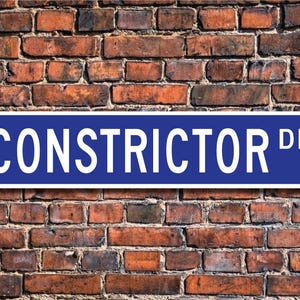 Könnte beinhalten: Ein blaues Straßenschild mit weißer Beschriftung, auf dem "Constrictor Dr." steht.