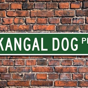 Pode incluir: Uma placa de metal verde e branca com o texto "KANGAL DOG PL." em um fundo de parede de tijolo.