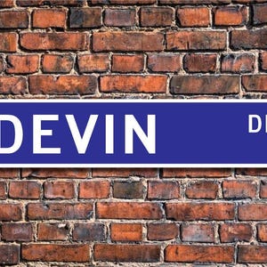 Può includere: Un cartello stradale blu con lettere bianche che recita "DEVIN DR."