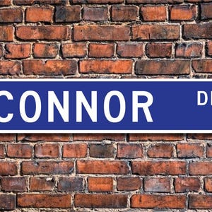 May include: A blue street sign with white lettering that reads "CONNOR DR."