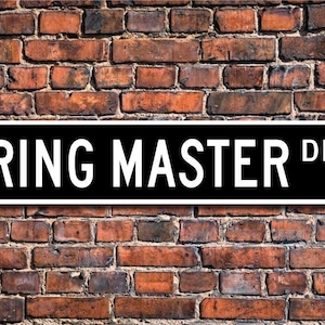 May include: A black and white street sign that reads "RING MASTER DR" is mounted on a weathered brick wall. The sign has a white border and is rectangular in shape. The brick wall is made of red and brown bricks.