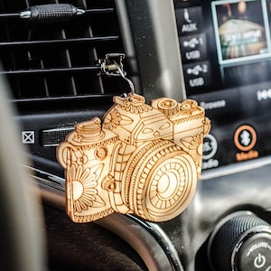 Wood Essential Oil Diffuser Camera | Car Air Freshener Travel Photographer | Reusable Vent Clip On | Laser Engraved DSLR Mandala Photo Gift