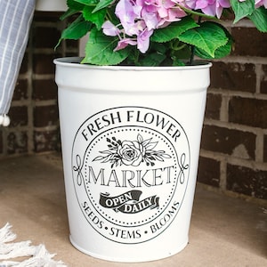 Fresh Flower Market Planter Bucket | Spring And Summer Country Farmhouse Porch Decor | White Metal Pail Outdoor Floral Painted Sap Bucket