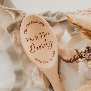 The Perfect Mix Mr. And Mrs. Wood Mixing Spoon | Personalized Custom Last Name Wedding Gift | Laser Engraved Wood Spoon | Bridal Shower Gift