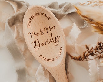 The Perfect Mix Mr. And Mrs. Wood Mixing Spoon | Personalized Custom Last Name Wedding Gift | Laser Engraved Wood Spoon | Bridal Shower Gift