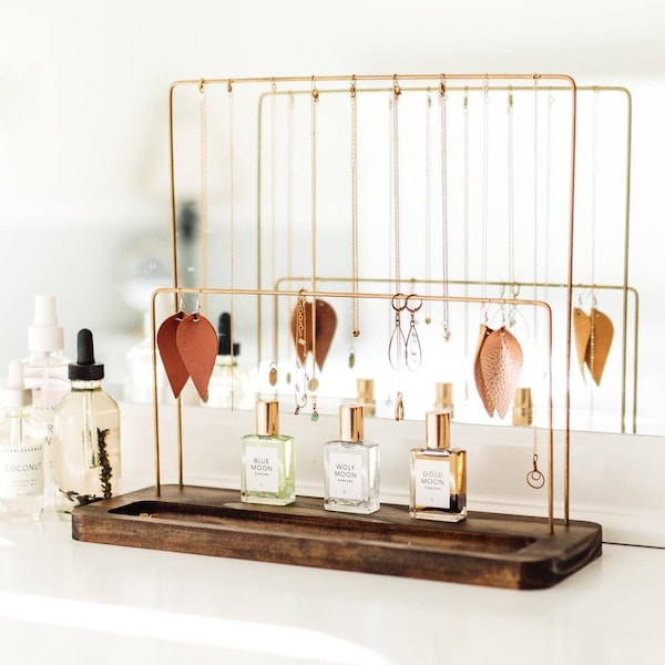 Jewelry Stand | Jewelry Holder Organizer | Modern Minimalist Necklace Earring Ring Bracelet Storage Display | Brass And Wood 2 Tier Design