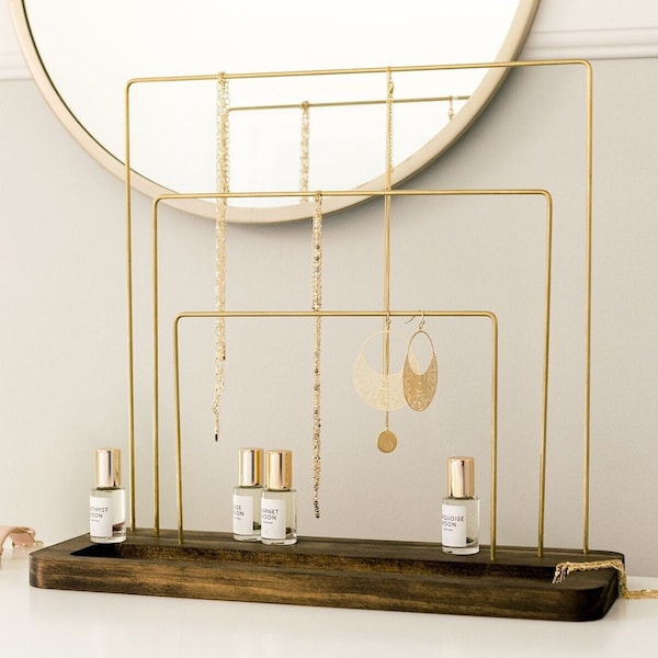 Brass And Wood Rainbow 3 Tier Jewelry Stand With Dish | Jewelry Holder Organizer | Minimalist Necklace Earring Ring Bracelet Storage Display