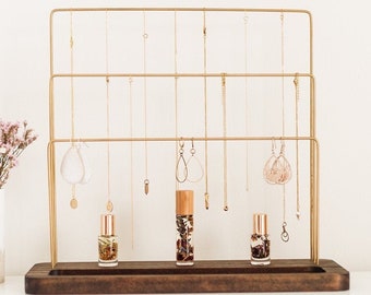 Brass And Wood 3 Tier Jewelry Stand With Dish | Jewelry Holder Organizer | Modern Minimalist Necklace Earring Ring Bracelet Storage Display